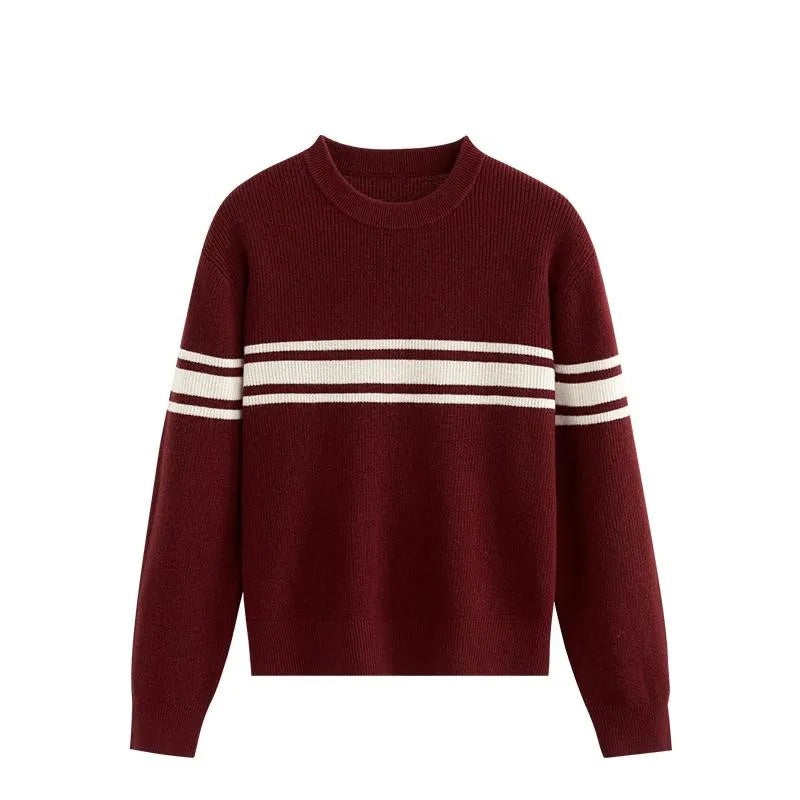 Dzianinowy sweter damski z kontrastowym paskiem