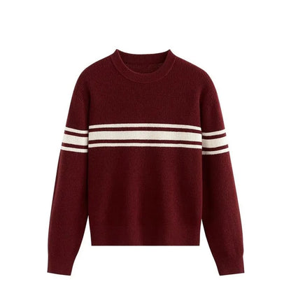 Dzianinowy sweter damski z kontrastowym paskiem