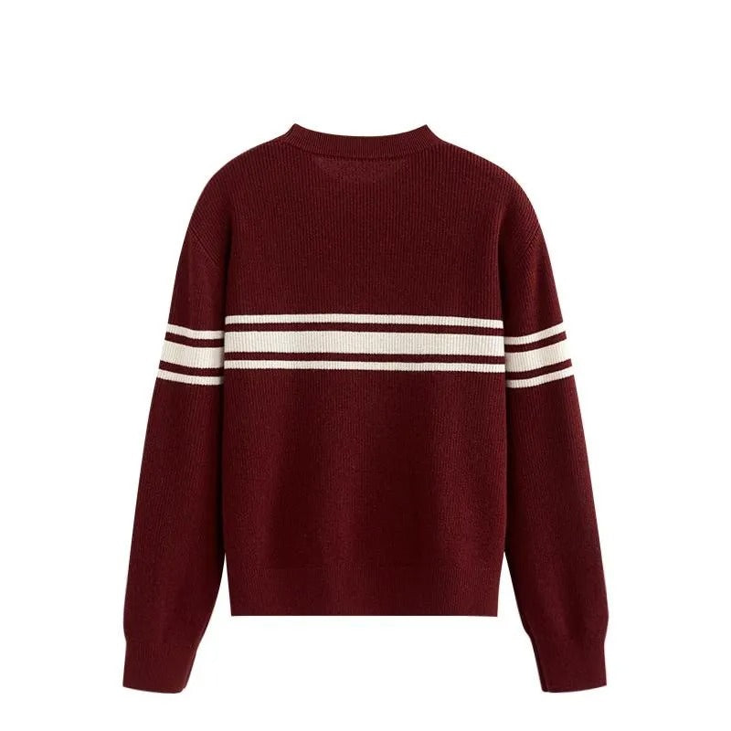 Dzianinowy sweter damski z kontrastowym paskiem