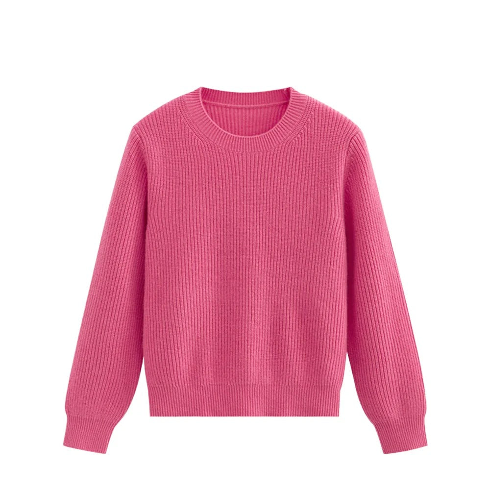 Różowy sweter damski z dzianiny prążkowanej i okrągłym dekoltem