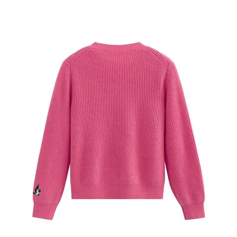 Różowy sweter damski z dzianiny prążkowanej i okrągłym dekoltem