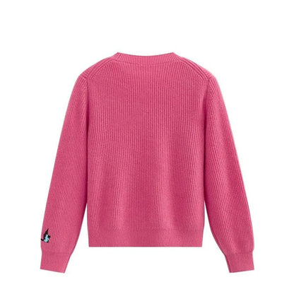 Różowy sweter damski z dzianiny prążkowanej i okrągłym dekoltem